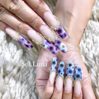 #オトナ可愛い #ギャルネイル #スカルプネイル #花柄 #フレンチ #ロングネイル #ロング #ロングスカルプ #春 #夏 #梅雨 #ハンド #ロング #スクエア #水色 #パープル #スカルプチュア #なつ #ネイルブック
