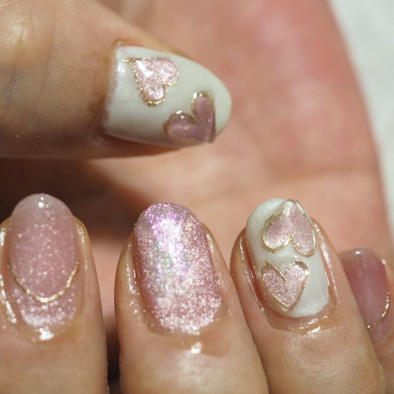 ハンド/ハート/マグネット/ミラー/ホワイト - そらみのネイルデザイン