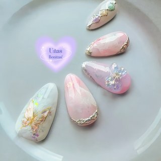 #天然石ネイル #リボン #ちょうちょ #ピンク#ジェルネイル #プライベートサロン #キラキラ #ハンド #キラキラ#大人かわいいネイル #東京#プライベートネイルサロン #3d #オールシーズン #ハンド #リボン #天然石 #ホワイト #ピンク #ジェルネイル #KEIKO #ネイルブック