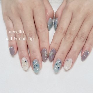 押し花/水色/グレーのネイルデザイン｜ネイルブック