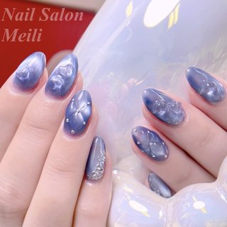 40))ネイルチップ フレンチガーリー ダイヤネイル ブルー 青 夏 ハート