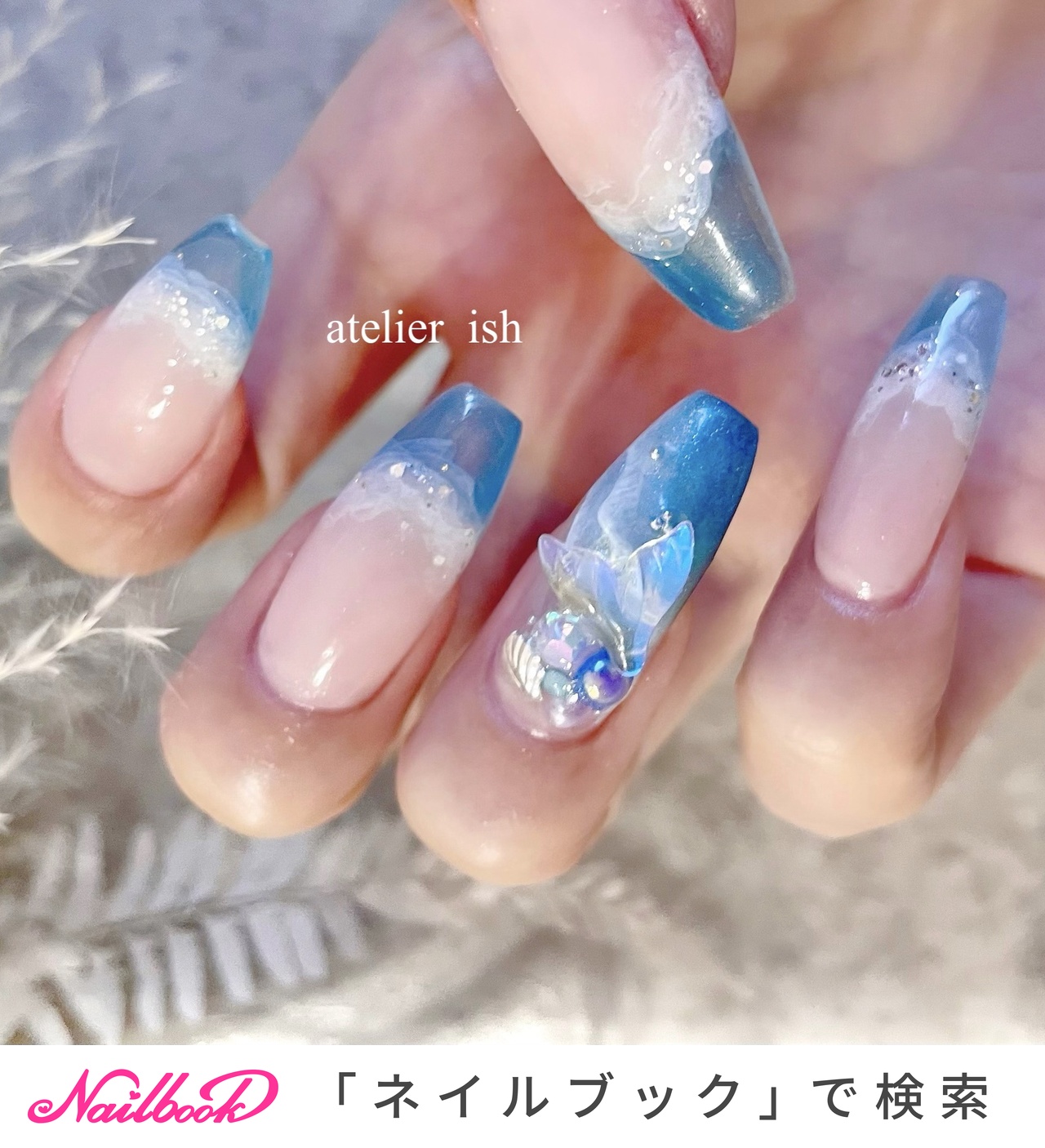 現品〗ネイルチップ パステルブルー みにくい ホワイト ねこ リボン 