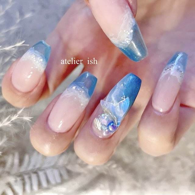 くすみブルーマグネット シェル埋めつくしニュアンスネイル 夏 韓国 塗りかけ 白 くすみブルーマグネット シェル埋めつくしニュアンスネイル 夏 韓国