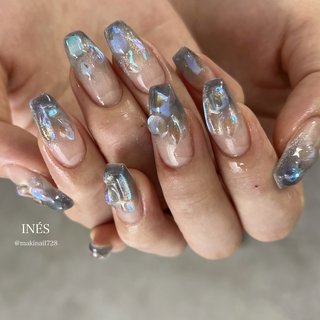 水色グラデーションネイルチップ クロム文字 黒ギャル猫 y2k 水色グラデーションネイルチップ クロム文字 黒ギャル猫 y2k