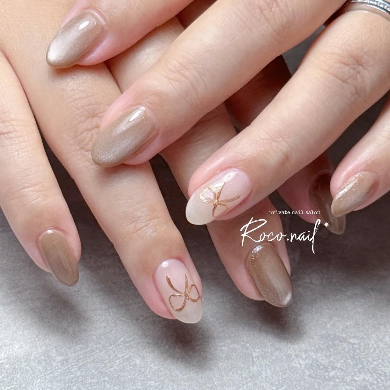 オフィス/シンプル/マグネット/リボン/ブラウン - piroco.のネイル  