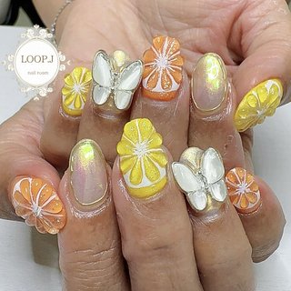 サイズオーダー♡ミラー&シェルバタフライ×フラワーネイルチップ 