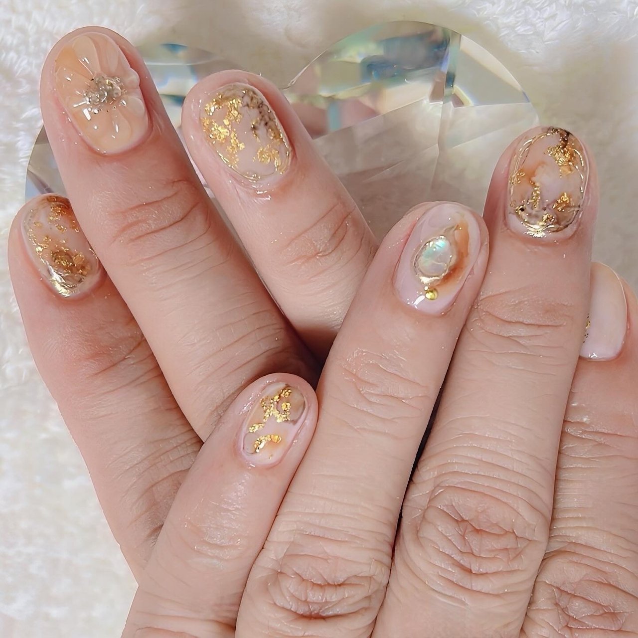ネイルチップ ぷっくりフラワー ニュアンス ミラー 金箔 ゴールド ネイルチップ ぷっくりフラワー ニュアンス ミラー 金箔 ゴールド