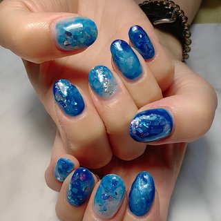 #お持込デザイン #アートし放題 
#所沢ネイルサロン 
#海ネイル
#蒼ネイル 
#夏ネイル
#シェルネイル #夏 #旅行 #海 #リゾート #ハンド #アイシング #大人 #オーロラフィルム #シアー #個性派 #ミディアム #ラウンド #水色 #ブルー #ネイビー #ジェルネイル #お客様 #REVE #ネイルブック