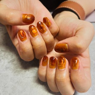 ネイルチップ ブラウン ニュアンス オレンジ ちゅるん オーダーネイル ネイルチップ オレンジブラウン ミラー フラワー ニュアンス