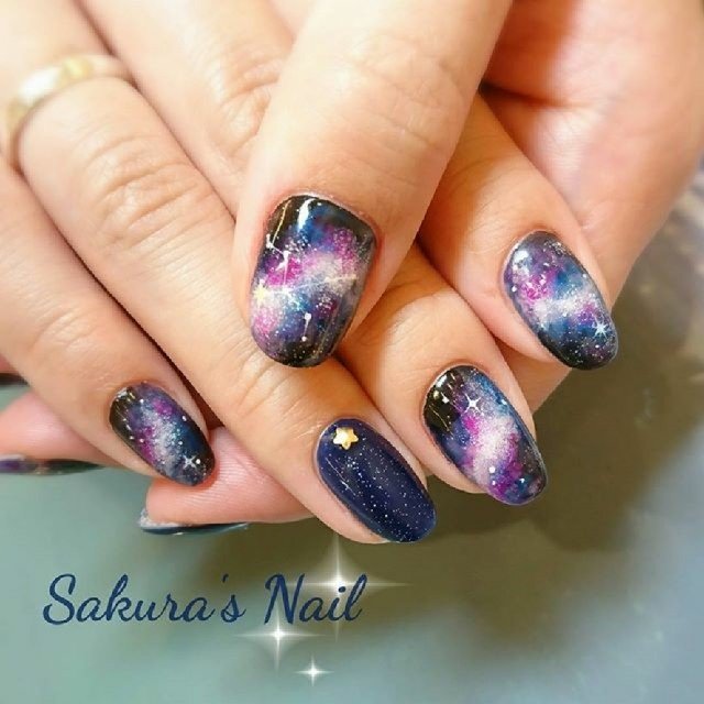 七夕 ハンド ギャラクシー ミディアム ピンク Sakuras Nail Kegoのネイルデザイン No ネイルブック