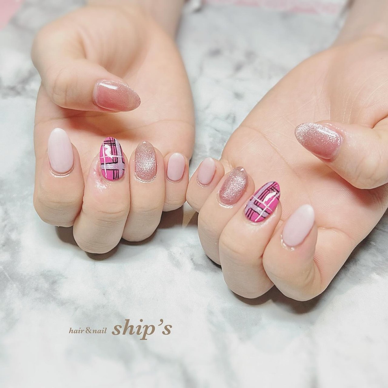 ハンド/チェック/ピンク/ジェルネイル/お客様 - ship