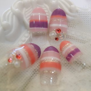 ボーダー/ピンク/ネイルチップのネイルデザイン｜ネイルブック 