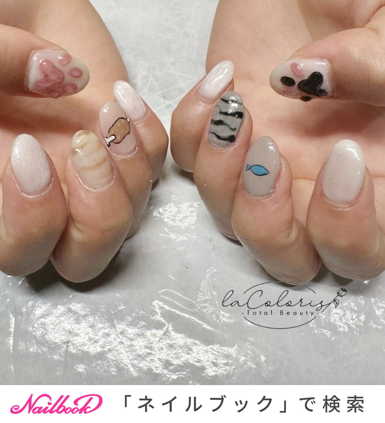 ぷっくり貝殻ネイルねこ肉球ネイルチップオーダーリボン