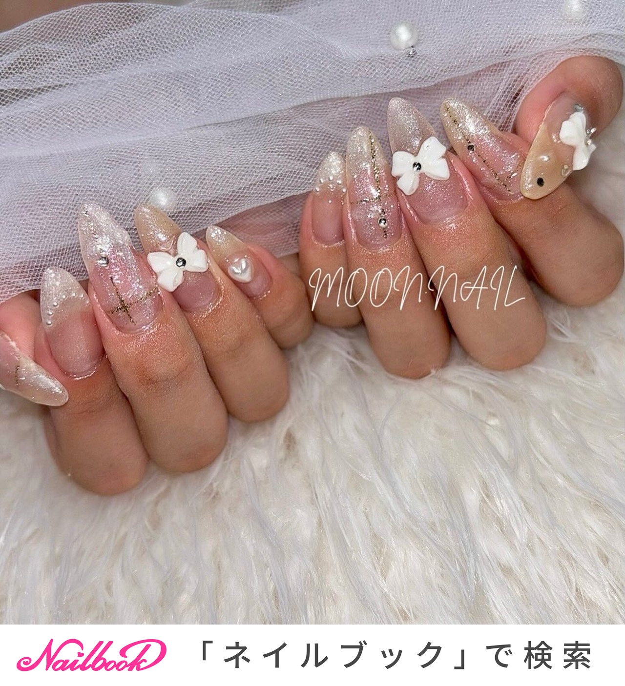 リボン/キラキラ/ワンホン/韓国/ホワイト - MOON.NAILのネイルデザイン
