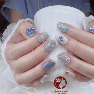 ネイルチップ 水色ネイル ハートネイル キルティングネイル