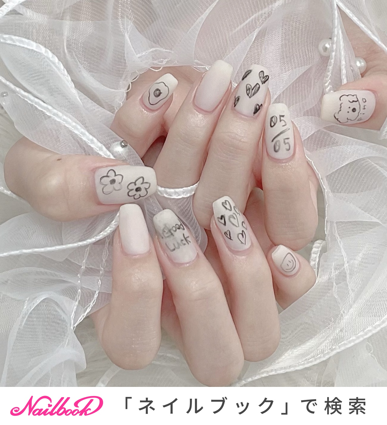 ネイルチップ 落書きネイル ハート リボン 韓国 ニュアンス シルバーマグネット ネイルチップ 落書きネイル ハート リボン 韓国 シルバーマグネット