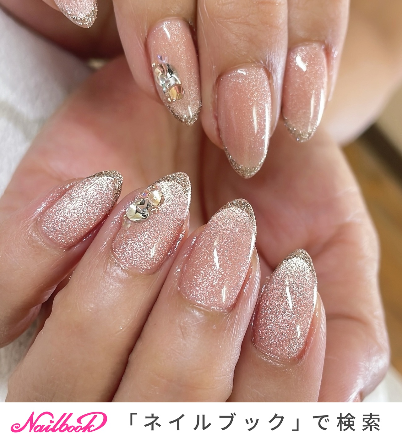 【カラー変更無料】マグネット　ネイルチップ　ラメフレンチ　ハート　ストーン チーク×ブルーのマグネットフレンチ♡ ハートもポイント💙 #マグネット