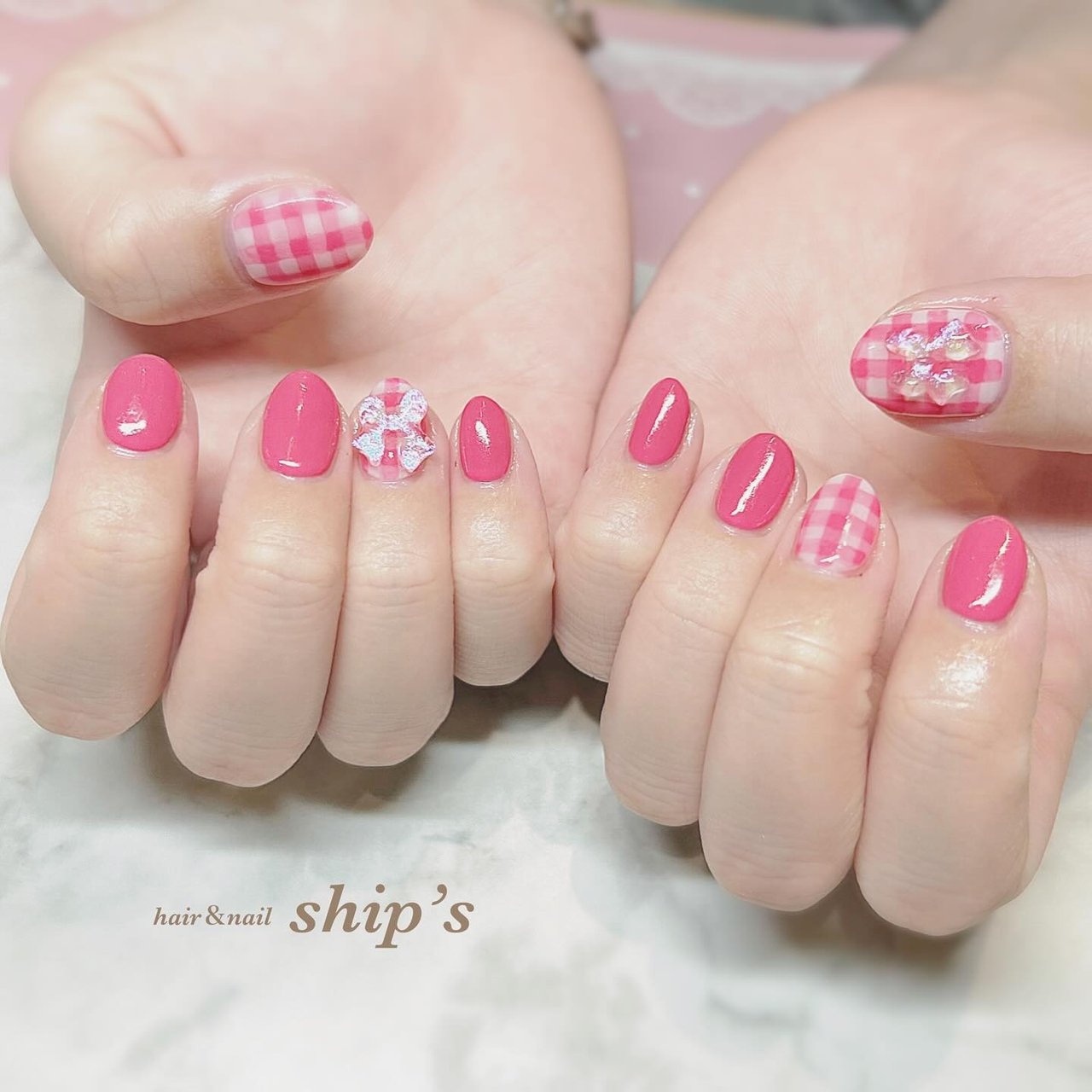 夏/チェック/リボン/大人/ピンク - ship's♡のネイルデザイン[No