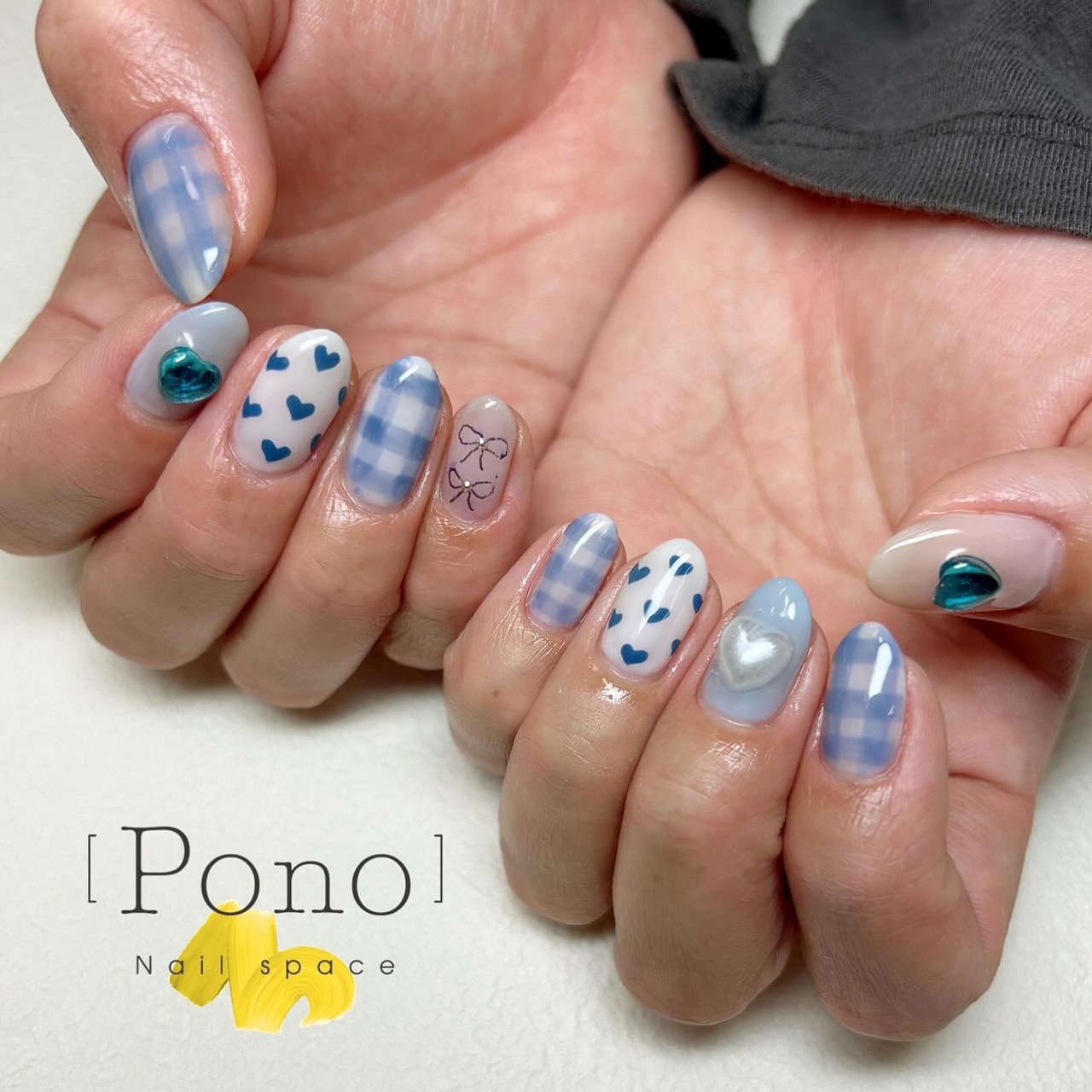 チェック/ハート/キラキラ/水色/ブルー - Nail space Ponoのネイル