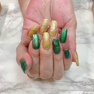  #ハンド #ロング #スクエア #イエロー #グリーン #ジェルネイル #お客様 #ネイルサロン　フィオーレ #ネイルブック