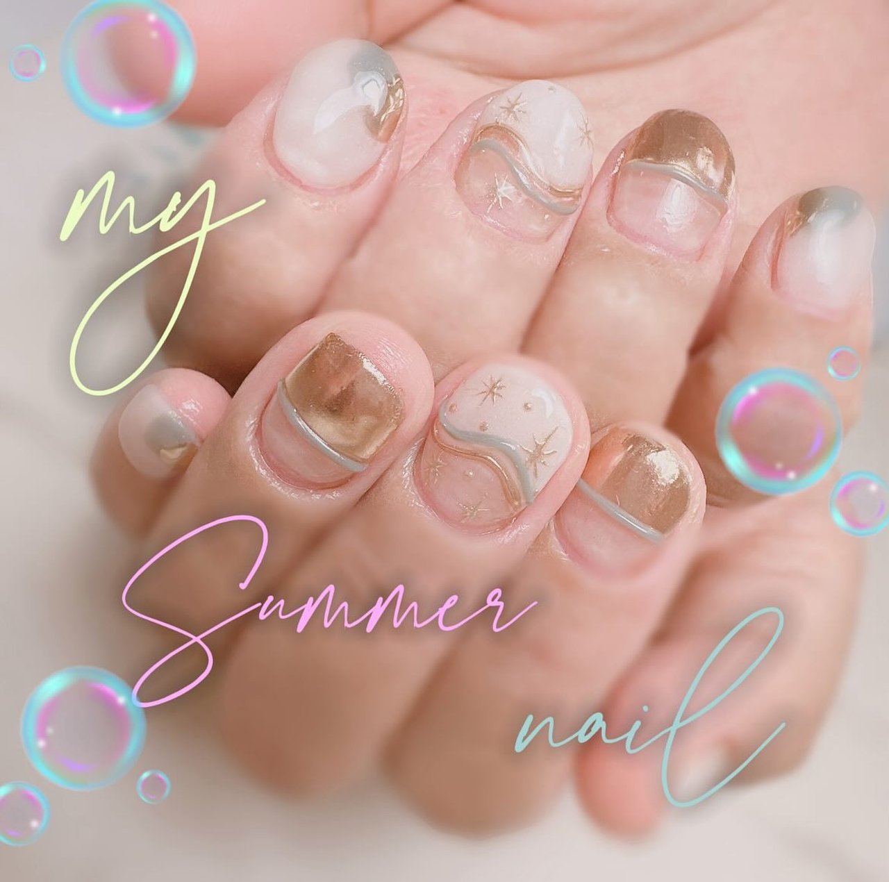 夏/ミラー/ぷっくり/キラキラ - lipi.nail_tomoのネイルデザイン[No