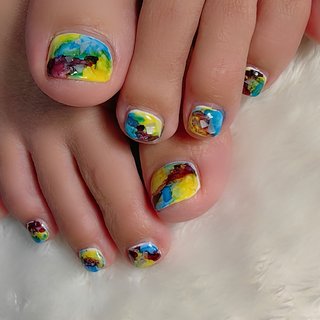 #インクネイル #フットネイル
#秋ネイル2024 
#ニュアンスネイル
#個性的ネイルデザイン 
#お持込デザイン 
#所沢ネイル 
#アートし放題 #夏 #秋 #旅行 #リゾート #フット #グラデーション #タイダイ #大人 #個性派 #ミディアム #スクエアオフ #アースカラー #カラフル #ビビッド #ペディキュア #お客様 #REVE #ネイルブック