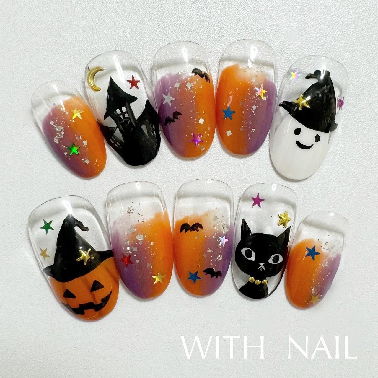 No.340 ネイルチップ ニュアンス キラキラ シェル 秋 星 ハロウィン