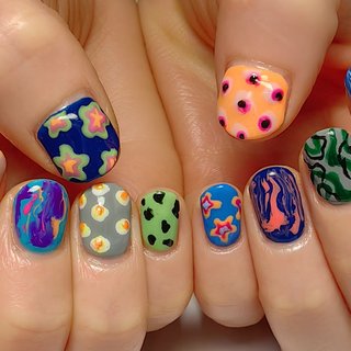 #お持込デザインアレンジ #個性派 
#アートし放題 
#ショートネイル 
#花柄ネイル 
#目玉ネイル 
#幾何学模様 
#所沢ネイル #夏 #旅行 #ライブ #ハロウィン #ハンド #アニマル柄 #レトロ #アイシング #個性派 #絵画 #ショート #ラウンド #カラフル #ネオンカラー #ビビッド #ジェルネイル #お客様 #REVE #ネイルブック