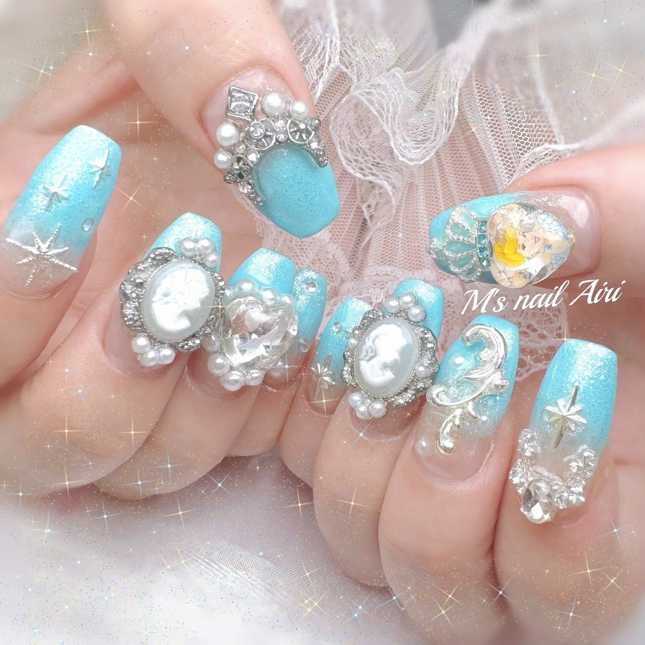 ビジュー/キラキラ/個性派/ロング/水色 - あいりのネイルデザイン[No  