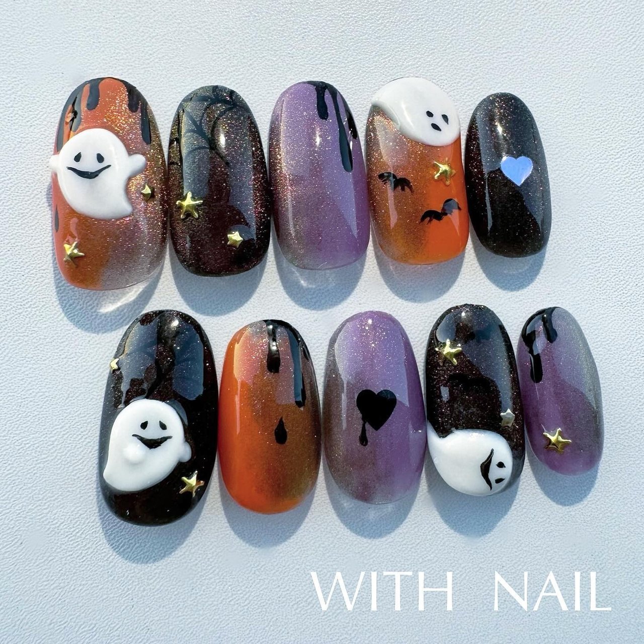 No.340 ネイルチップ ニュアンス キラキラ シェル 秋 星 ハロウィン 白