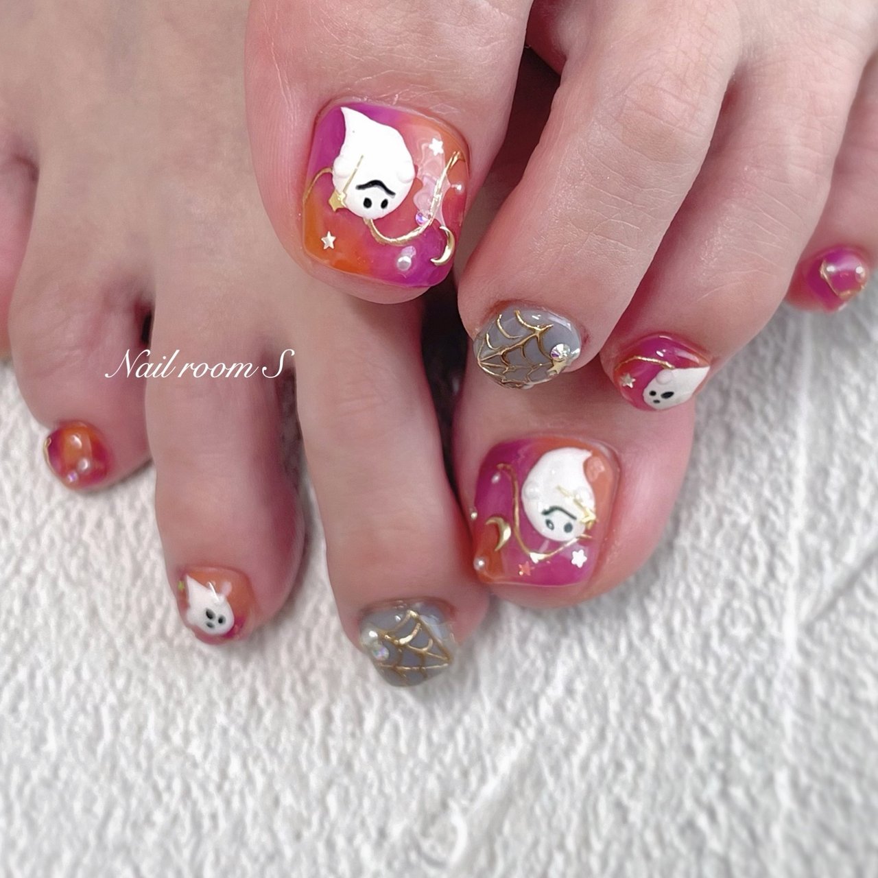 No.340 ネイルチップ ニュアンス キラキラ シェル 秋 星 ハロウィン 白