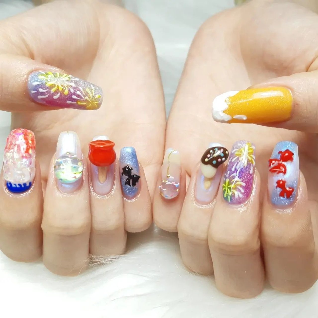 夏/浴衣/ヨーヨー/花火/金魚 - ☆Youko☆Strawberrynaiのネイル