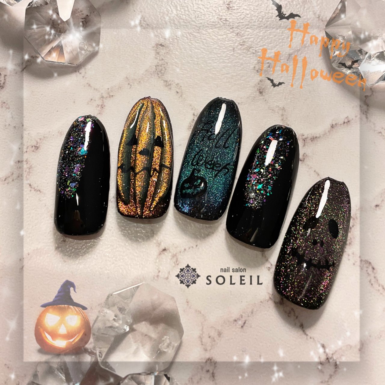 光るハロウィンブラックマグネットニュアンスネイル お化け かぼちゃ