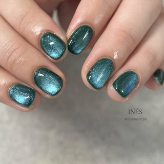 45］ネイルチップ マグネットネイル グリーン 秋 冬 シンプル 大人