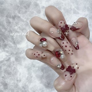 ネイルチップ ワンホン リボン ビジュー クリスマス 冬