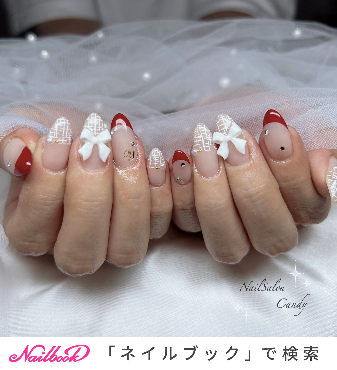 ツイード/リボン/ボルドーのネイルデザイン｜ネイルブック 