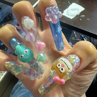 #セルフネイル #マイネイルチェンジ #夏を終わらせない #サンディチークス#イカルドデンタクルズ#スポンジボブはいません #夏 #ハンド #ラメ #ミラー #アイシング #ロング #スクエア #クリア #ブルー #シルバー #スカルプチュア #セルフネイル #ayachance69 #ネイルブック