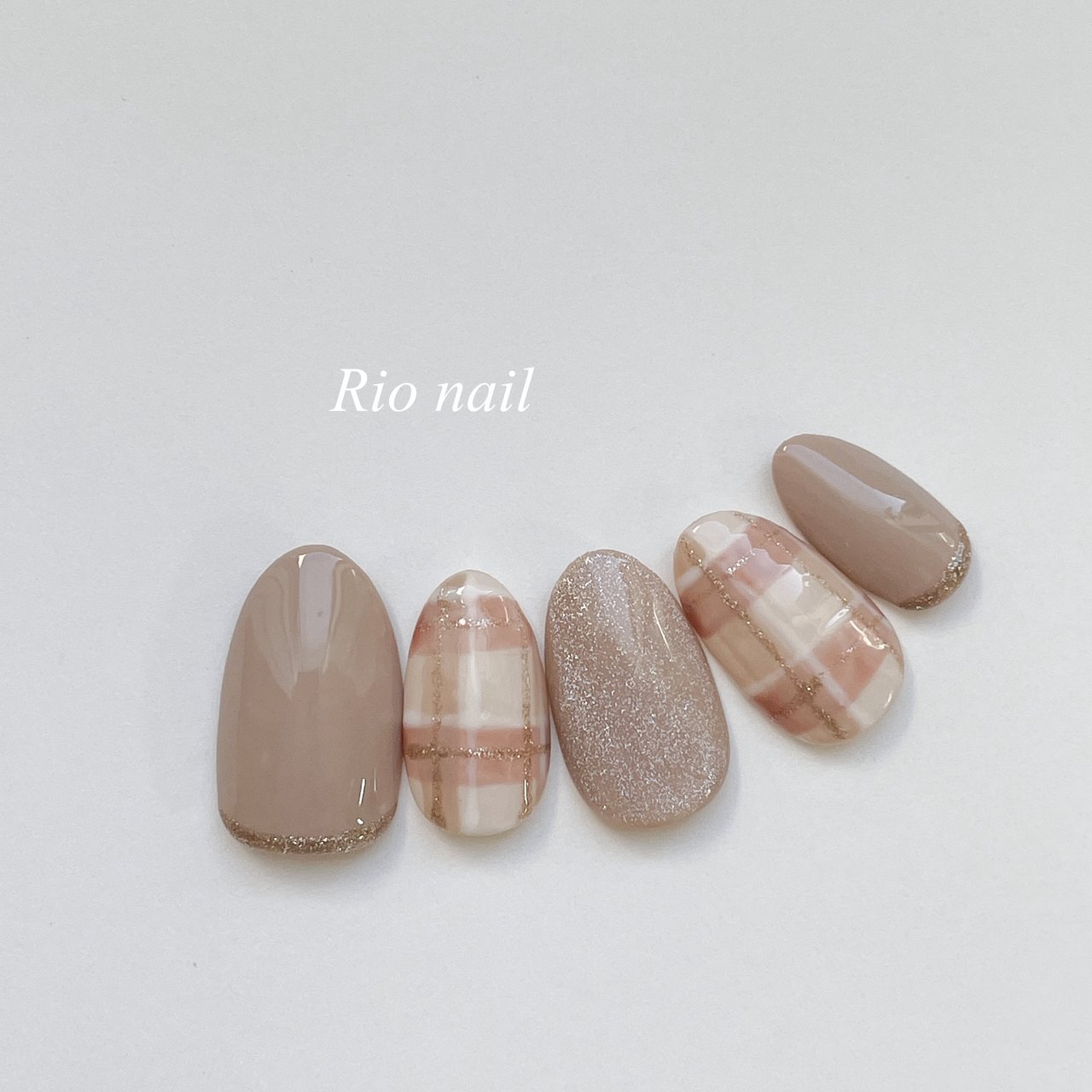 46］ネイルチップ チェックネイル ニュアンス マーブル ブラウン 秋 冬