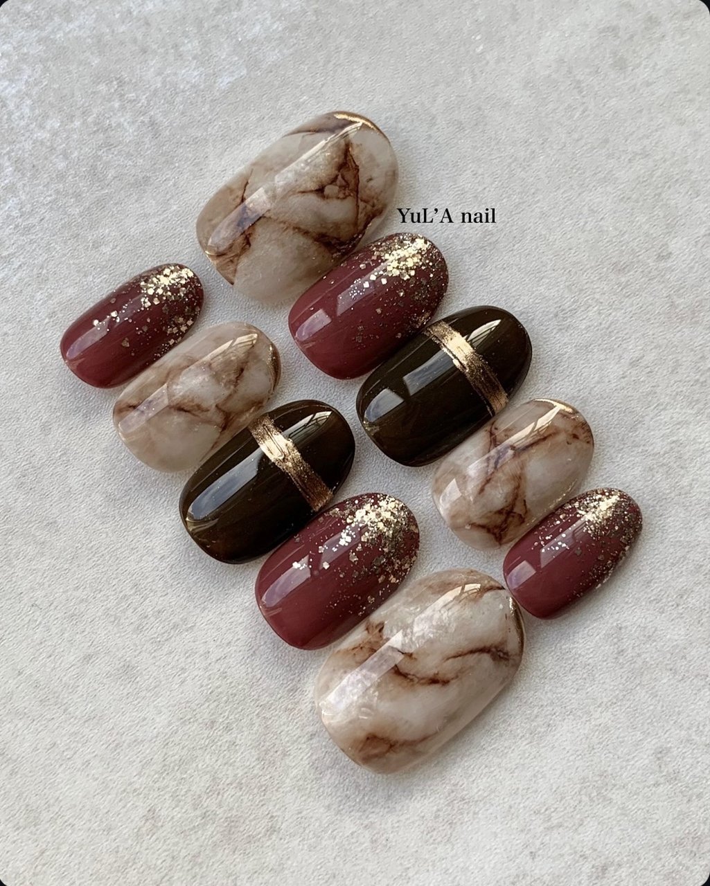 お客様完成品♡ ボルドーネイル 冬ネイル オーダーネイル Salon M | ボルドー×黒×シルバーでロック風 いつもありがとう