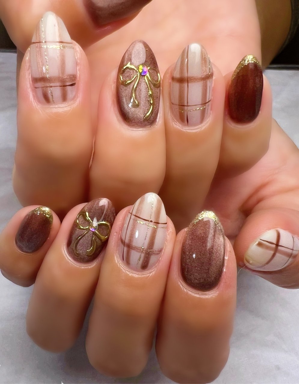 秋ネイル チェックネイル リボンネイル マグネットネイル ネイルチップ