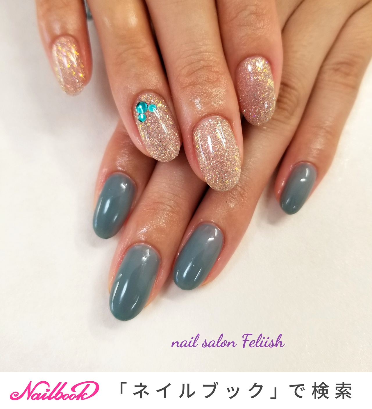 グリーン/ターコイズ/アシンメトリーネイルのネイルデザイン｜ネイルブック 