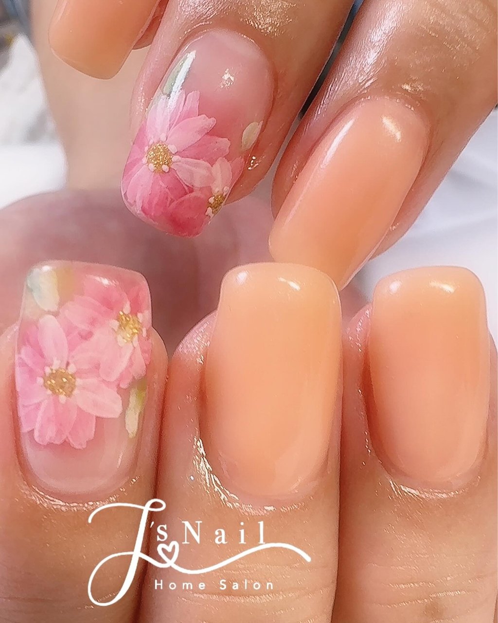 【309】オーダー❉ロージーピンク フラワーアート シンプル キレイ系大人ネイル 309】オーダーロージーピンク フラワーアート シンプル キレイ系