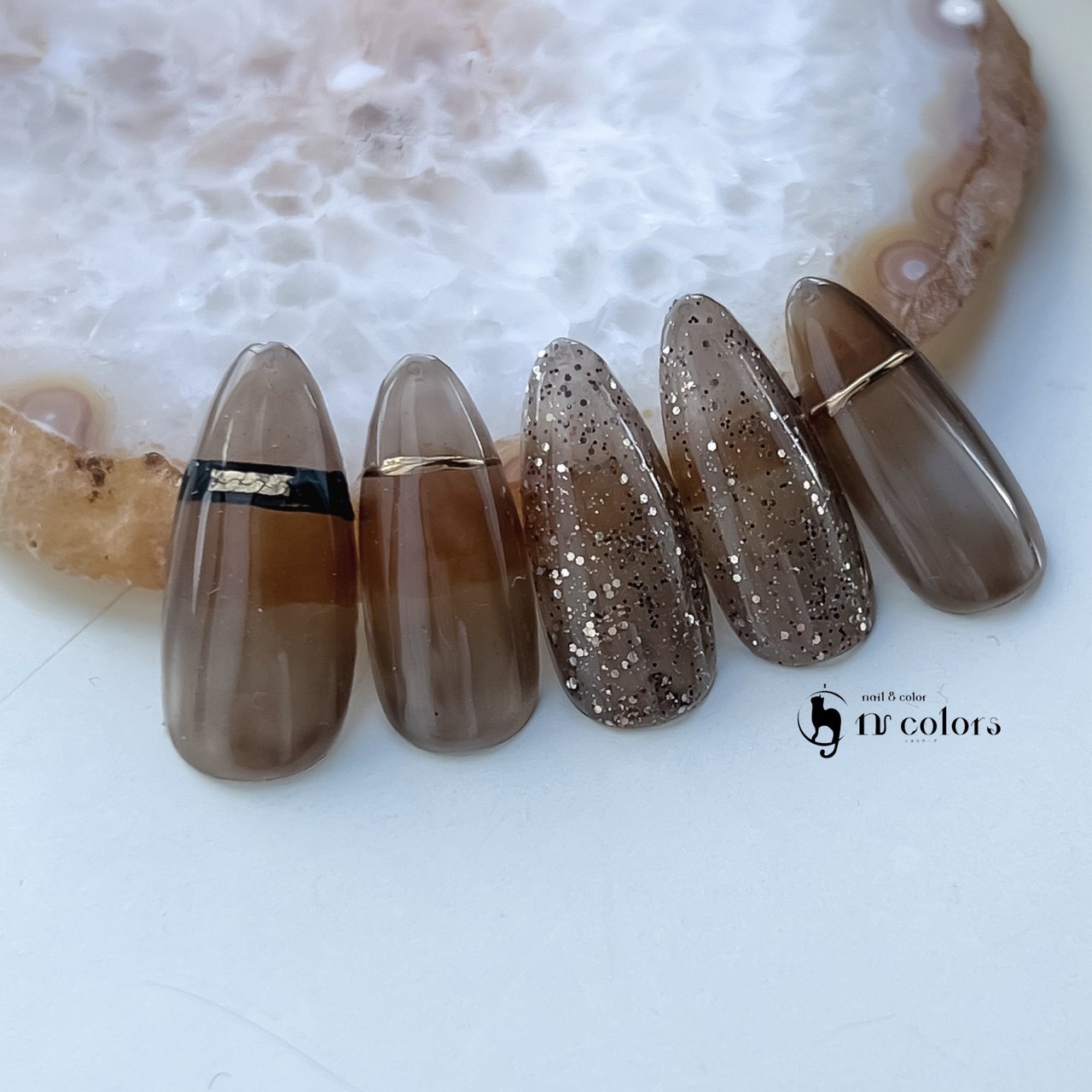No.336 ネイルチップ　ブラウン　水色　ニュアンス　キラキラ　シェル　秋 No.336 ネイルチップ ブラウン 水色 ニュアンス キラキラ シェル 秋 No