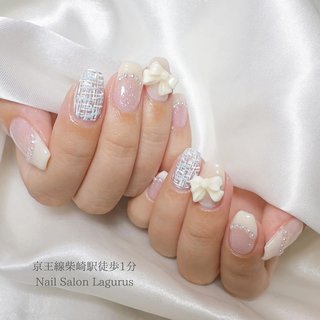 リボン/#アイボリーネイルのネイルデザイン｜ネイルブック 