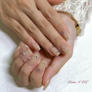 ベージュ(ヌーディー)/#リボンパーツのネイルデザイン｜ネイルブック 