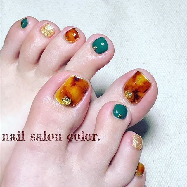 秋 オールシーズン フット べっ甲 グリーン Nail Salon Color のネイルデザイン No ネイルブック