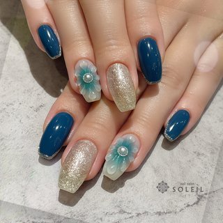 フラワー/ぷっくり/ブルーのネイルデザイン｜ネイルブック 