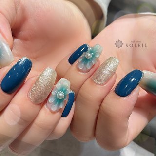 フラワー/ぷっくり/ブルーのネイルデザイン｜ネイルブック 