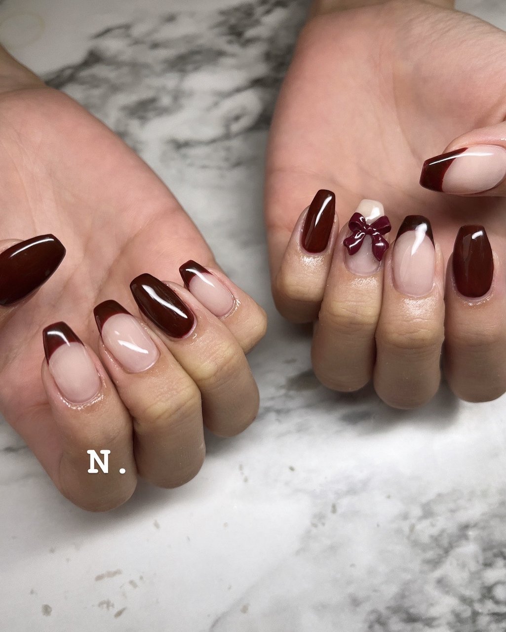 25))ハートネイル フレンチガーリー ボルドーネイル リボン パール