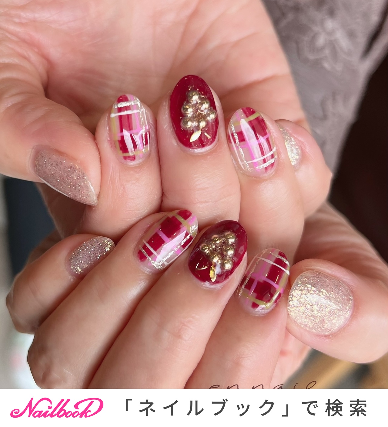 秋/オフィス/シンプル/チェック/レッド - en. nailのネイルデザイン[No.9105752]｜ネイルブック